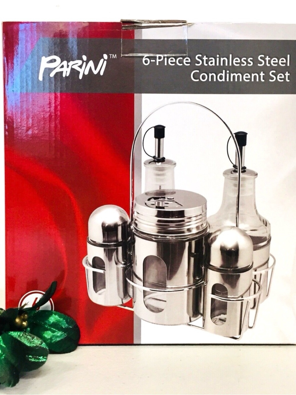 Parini 6-Piece Stainless Steel Condiment Set Oil Vinegar Salt Pepper Caddy New